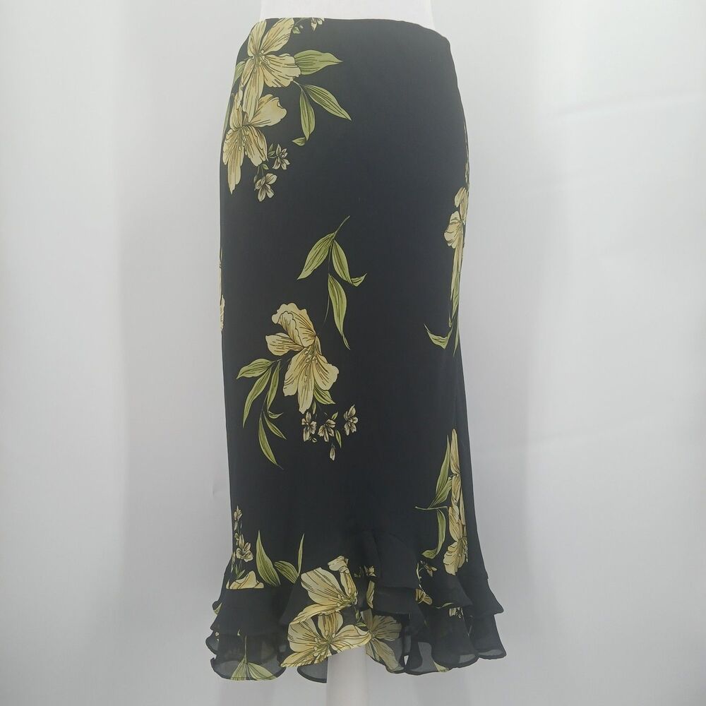 Women's vintage Floral Ruffle Midi Skirt Black & Yellow Size 14 side zipper
